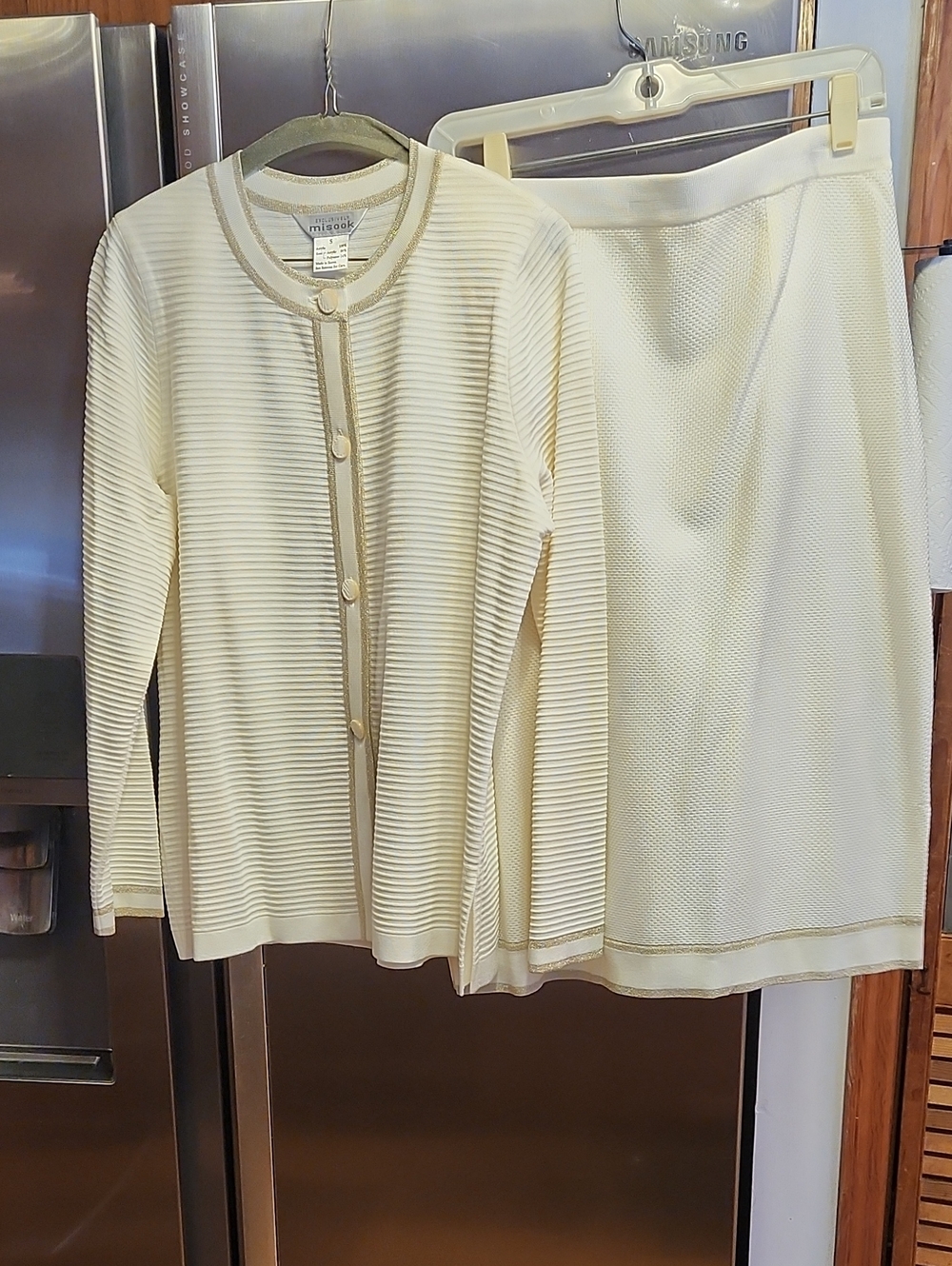 Misook Cream Ribbed Knit Skirt Set with Gold Trim